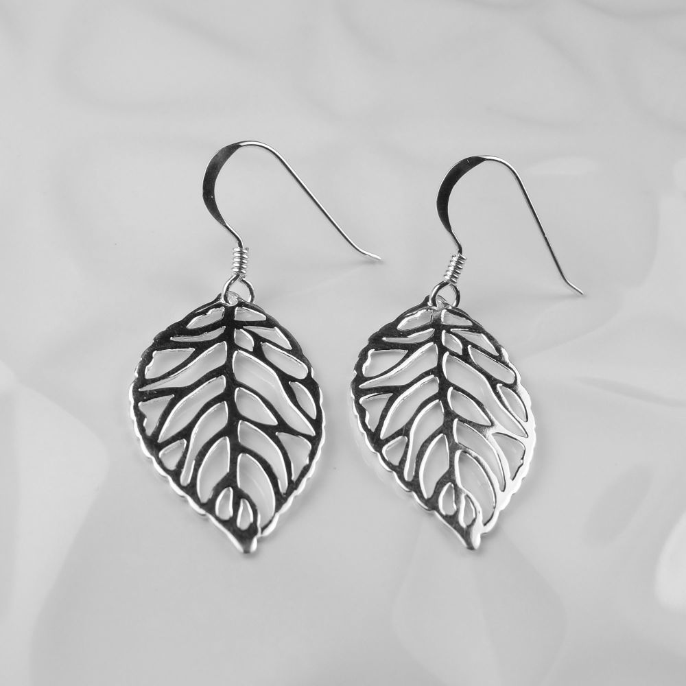 Sterling silver earrings with 26x15mm filigree leaves, on fish wires, in a gift box