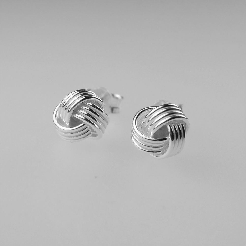 6mm sterling silver knot stud earrings with scroll backs, in a gift box