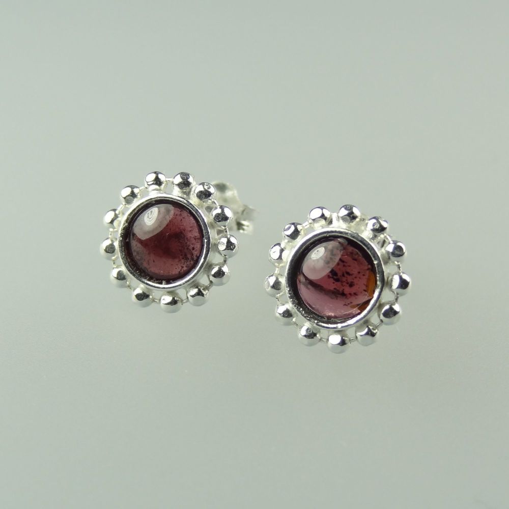 9mm sterling silver dark red Garnet semi-precious stone stud earrings