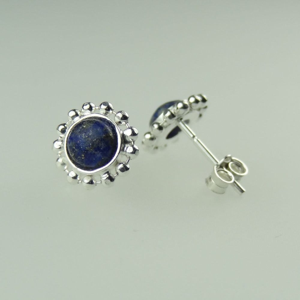 9mm sterling silver Lapis Lazuli semi-precious stone stud earrings with scroll backs, in a gift box