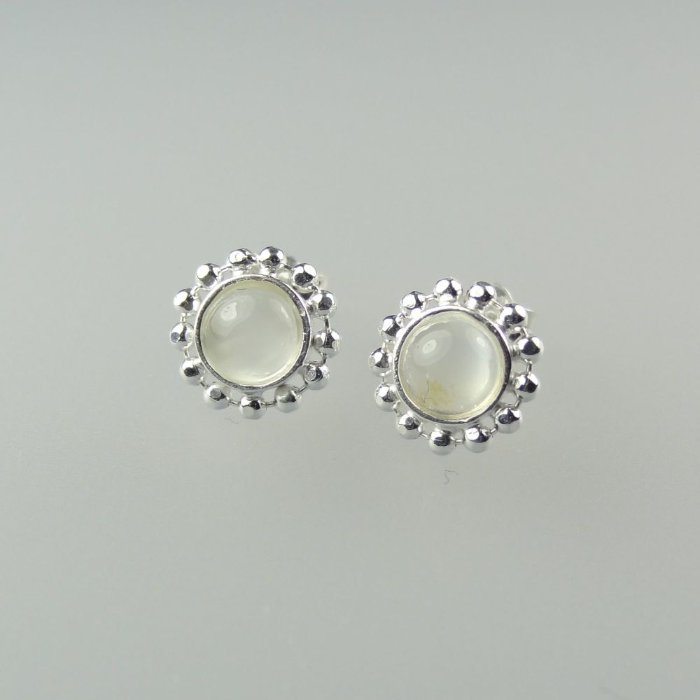 9mm sterling silver white-ish Moonstone semi-precious stone stud earrings with scroll backs, in a gift box