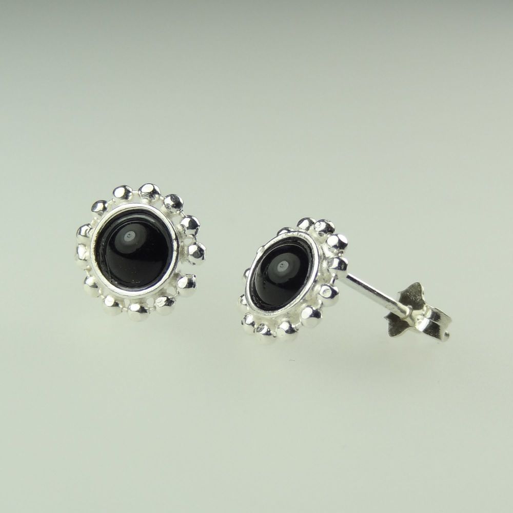 9mm sterling silver Black Agate semi-precious stone stud earrings with scroll backs, in a gift box