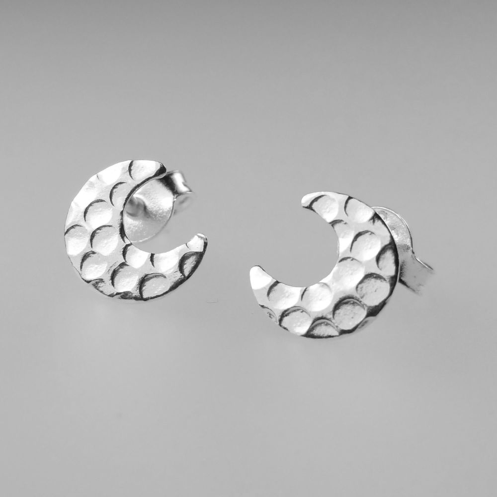 10mm hammered/textured sterling silver crescent moon stud earrings, in a gift box