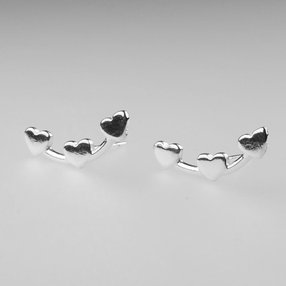 14x6mm sterling silver trio of hearts creeper stud earrings, in a gift box