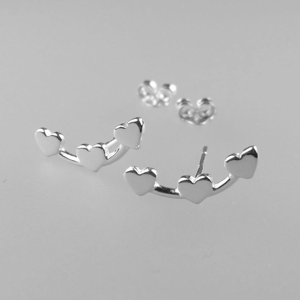 14x6mm sterling silver trio of hearts creeper stud earrings