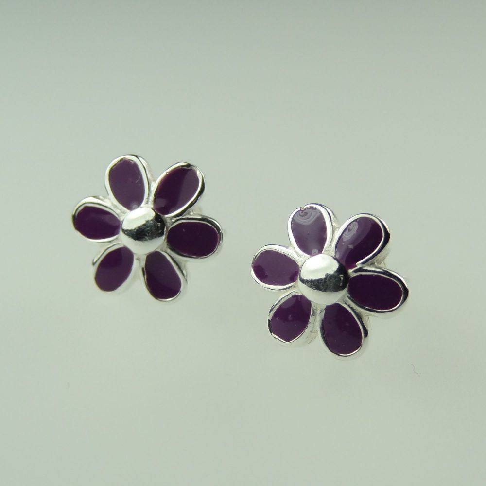 8mm sterling silver purple enamelled flower ear studs with scroll backs, in a gift box