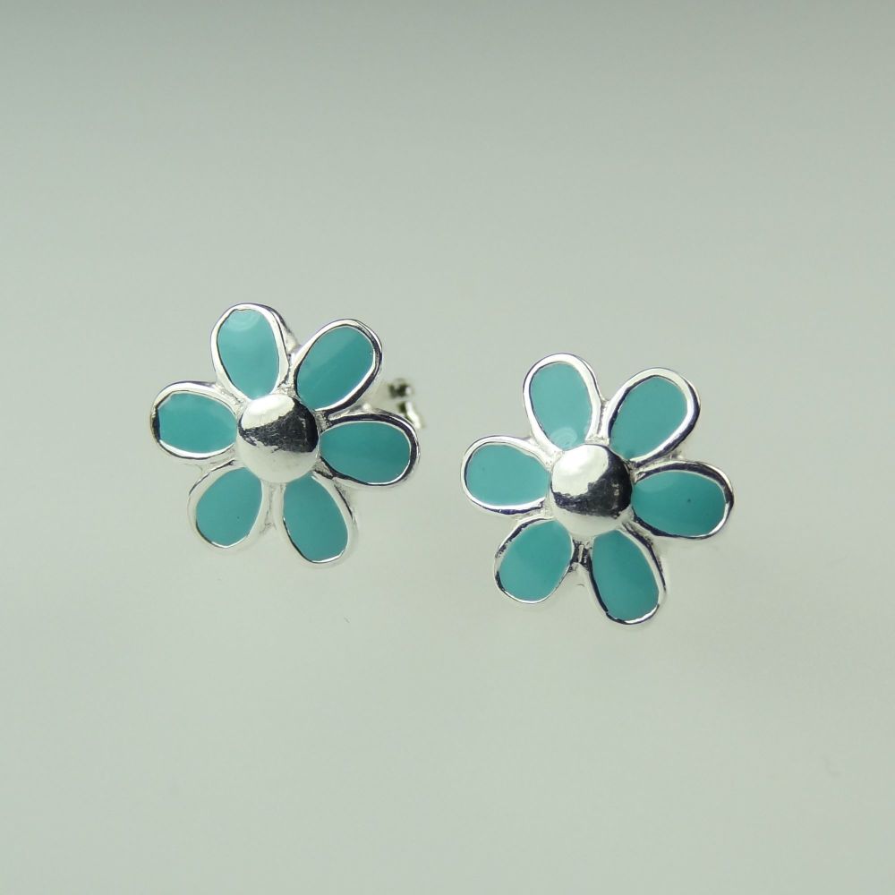 8mm sterling silver aqua enamelled flower ear studs with scroll backs, in a gift box