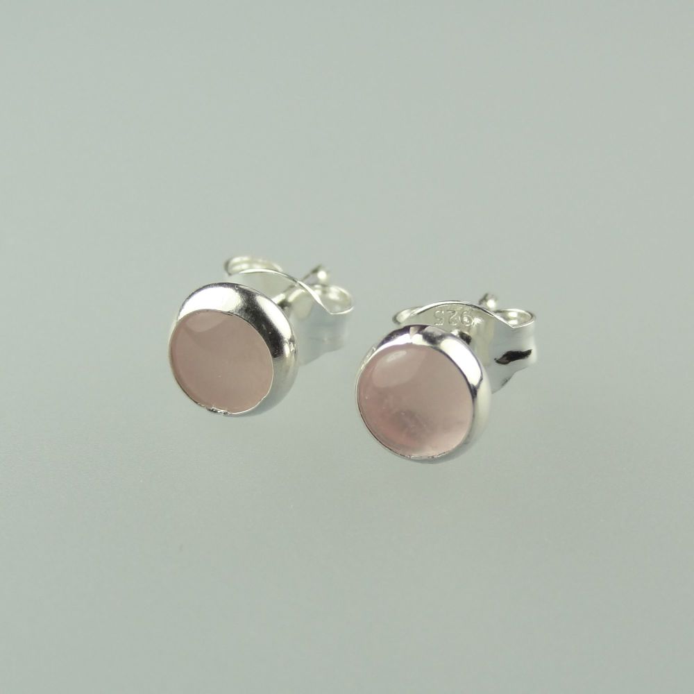 5mm sterling silver Rose Quartz semi-precious stone stud earrings with scroll backs, in a gift box