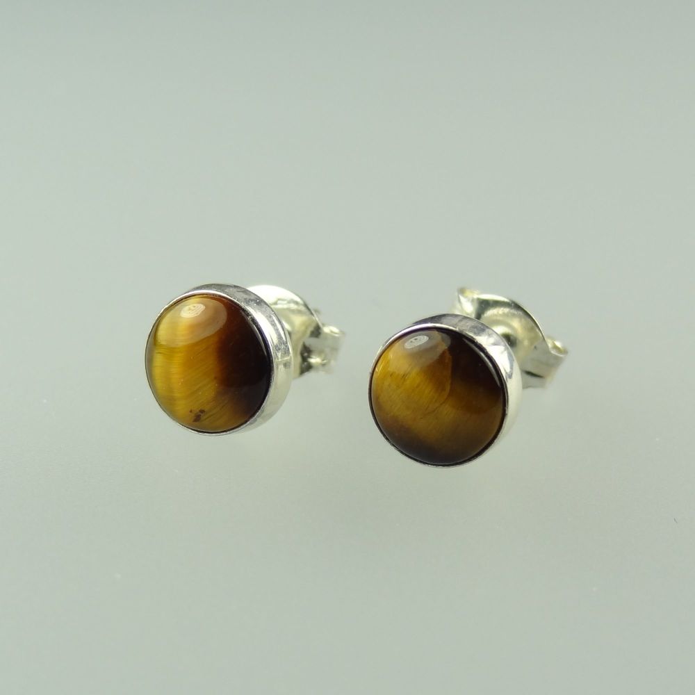 6mm sterling silver Tigers Eye semi-precious stone stud earrings with scroll backs, in a gift box