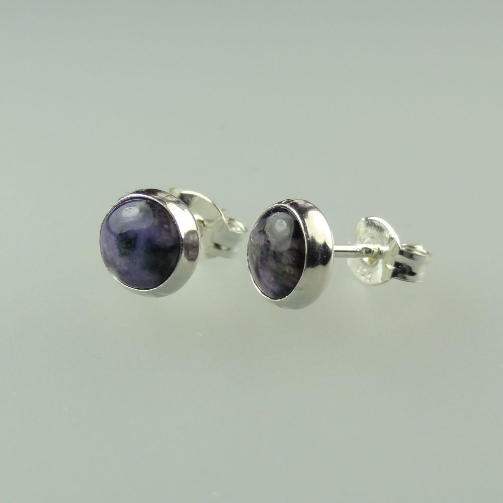 6mm sterling silver Charoite semi-precious stone stud earrings with scroll backs, in a gift box