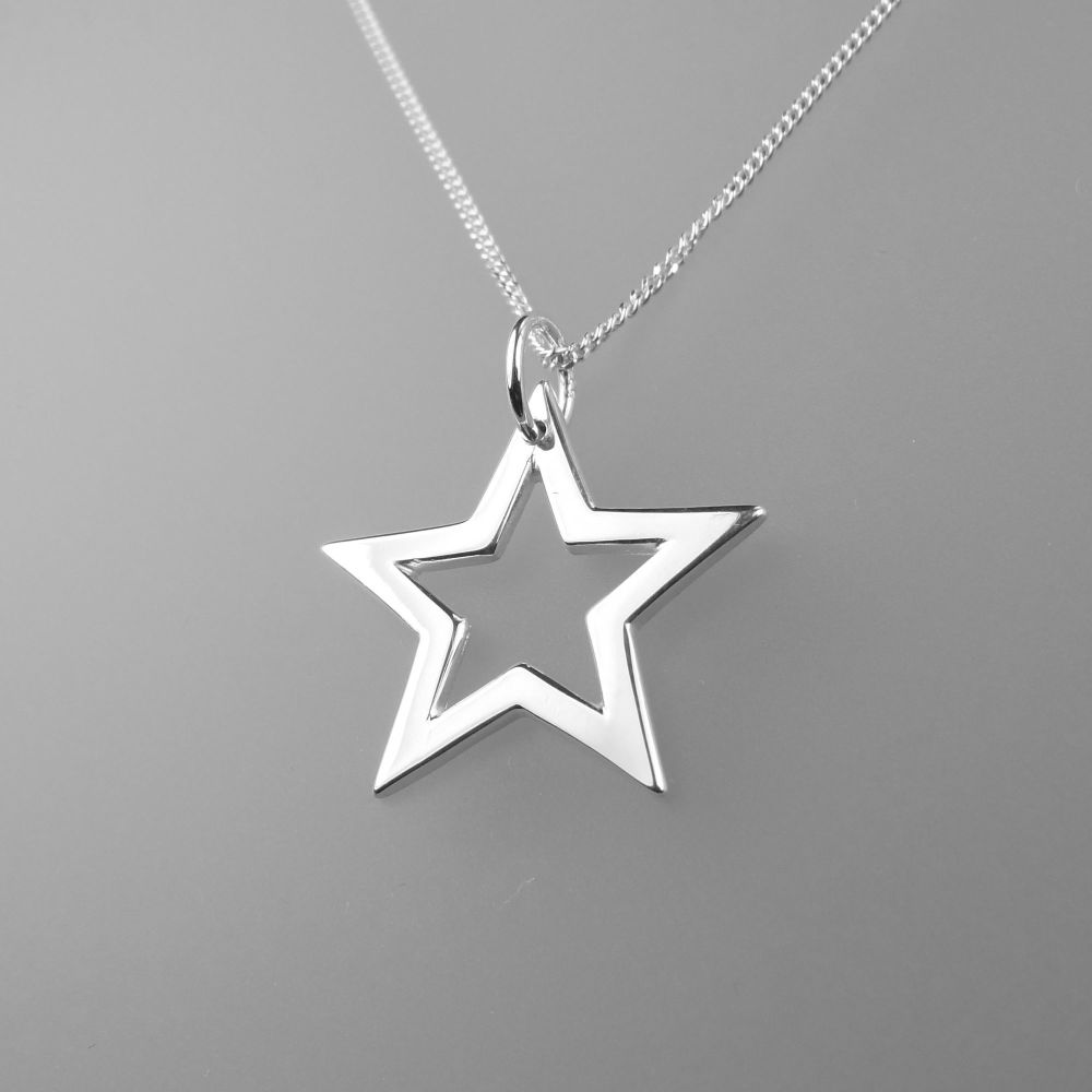 20mm sterling silver open star necklace, in a gift box - choice of 16" or 18" fine curb chain