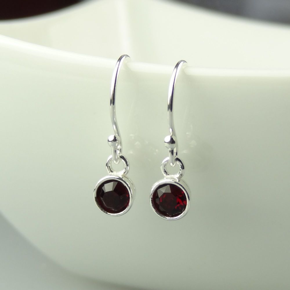 Dainty/small 4.5mm sterling silver Garnet faceted crystal earrings, in a gift box - January birthday/birthstone - choice of ear wires available