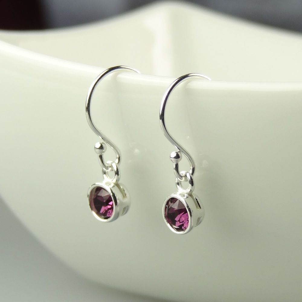 Dainty/small 4.5mm sterling silver Amethyst faceted crystal earrings, in a gift box - February birthday/birthstone - choice of ear wires available