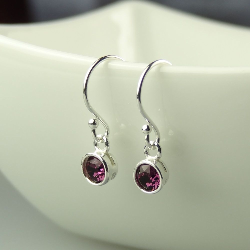 Dainty/small 4.5mm sterling silver Amethyst faceted crystal earrings, in a gift box - February birthday/birthstone - choice of ear wires available