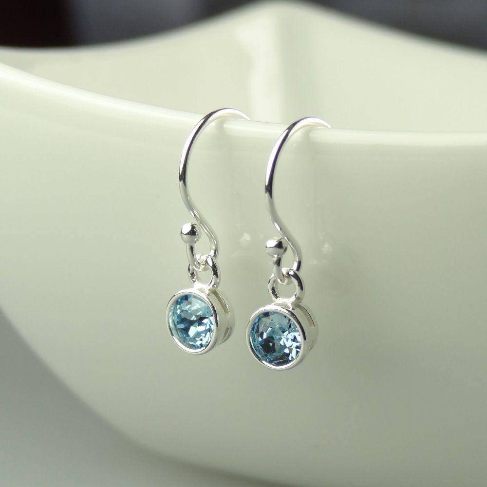 Dainty/small 4.5mm sterling silver blue Aquamarine faceted crystal earrings