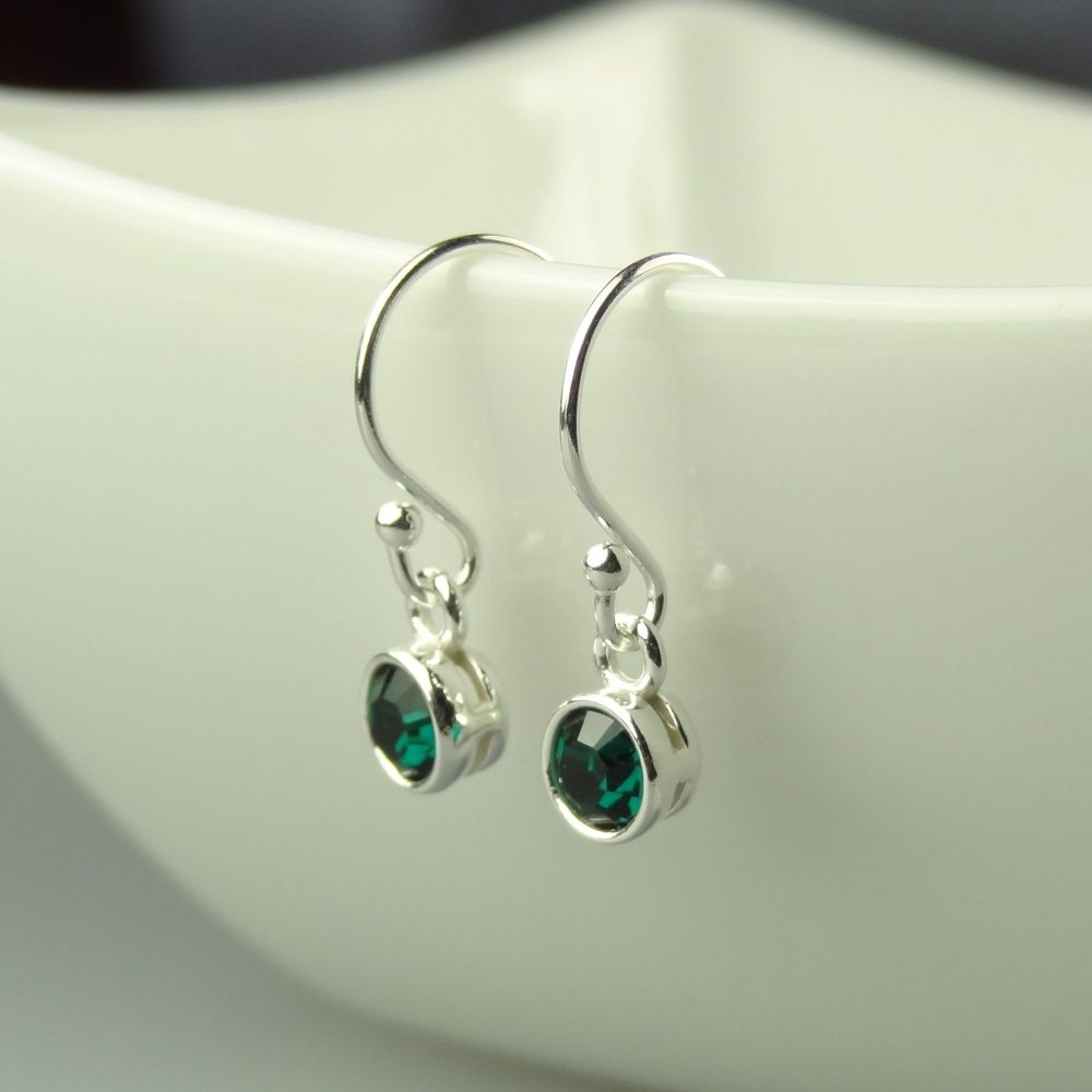 Dainty/small 4.5mm sterling silver Emerald faceted crystal earrings, in a gift box - May birthday/birthstone - choice of ear wires available