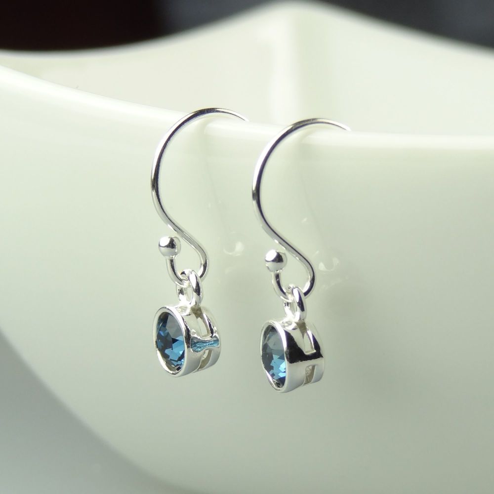 Dainty/small 4.5mm sterling silver Blue Zircon faceted crystal earrings, in a gift box - December birthday/birthstone - choice of ear wires available