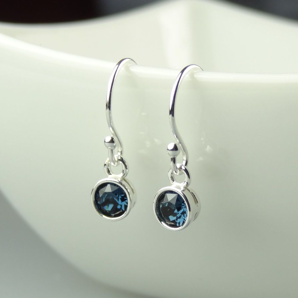 Dainty/small 4.5mm sterling silver Blue Zircon faceted crystal earrings, in a gift box - December birthday/birthstone - choice of ear wires available