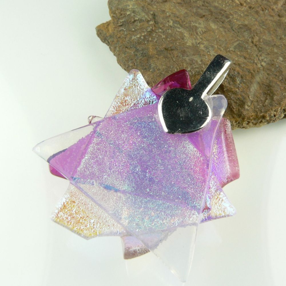 4.5cm textured, multi-coloured, genuine dichroic glass pendant, with leather cord & gift box (#30407)