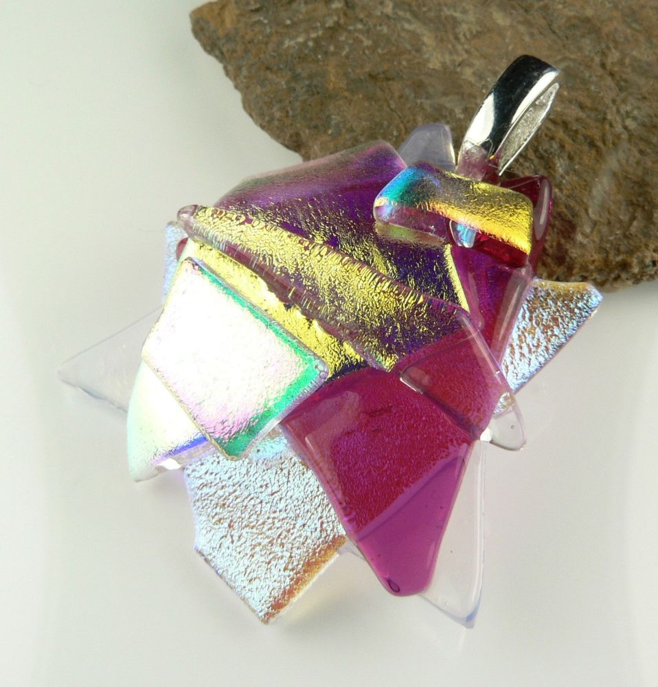 Textured, multi-coloured, genuine dichroic glass pendant, with leather cord