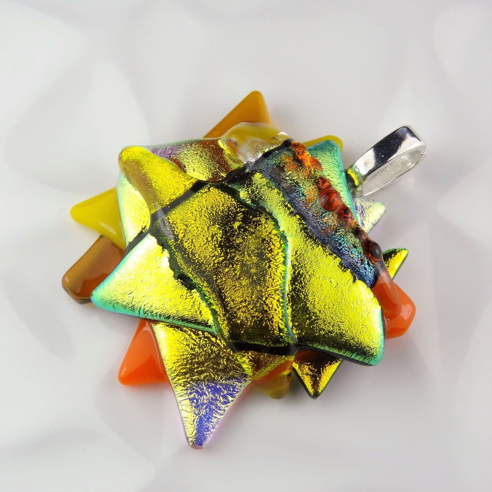 4.5cm textured, yellow, orange, gold-ish genuine dichroic glass pendant, with leather cord & gift box (#30287)