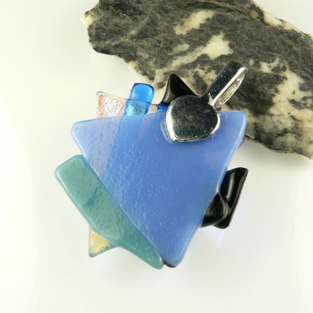 4.6cm shades of blue textured Dichroic glass pendant, with leather cord & gift box (#30520)