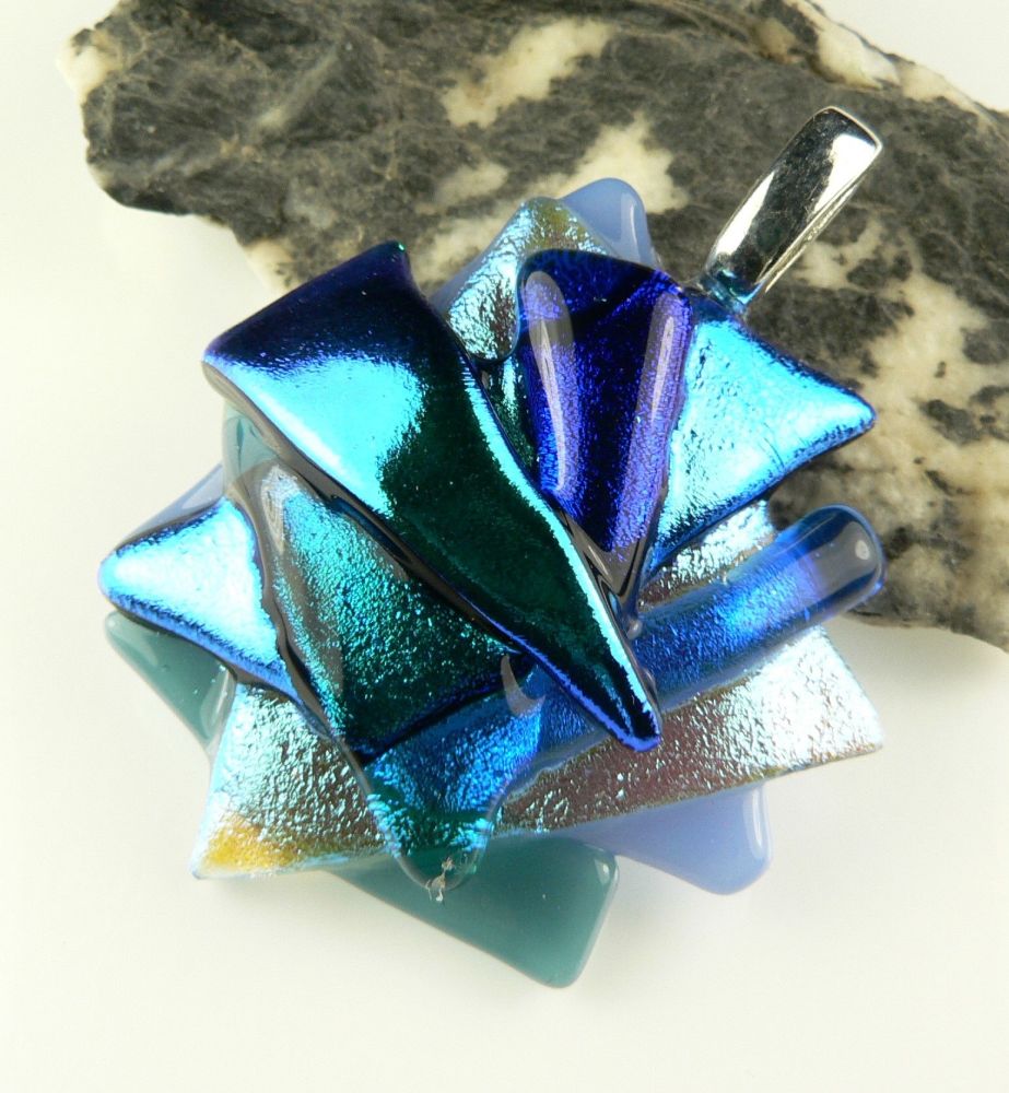 4.6cm blue textured Dichroic glass pendant, with leather cord & gift box