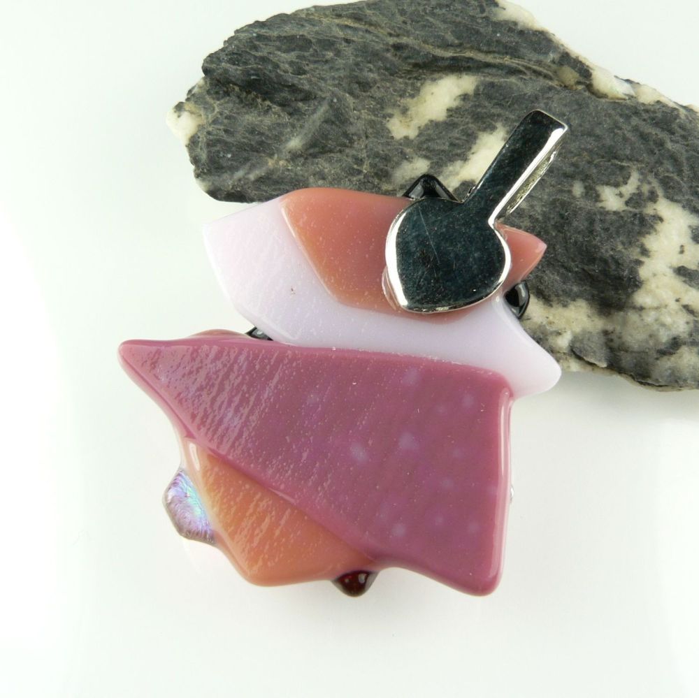 4.6cm shades of pink textured Dichroic glass pendant, with leather cord & gift box (#30121)