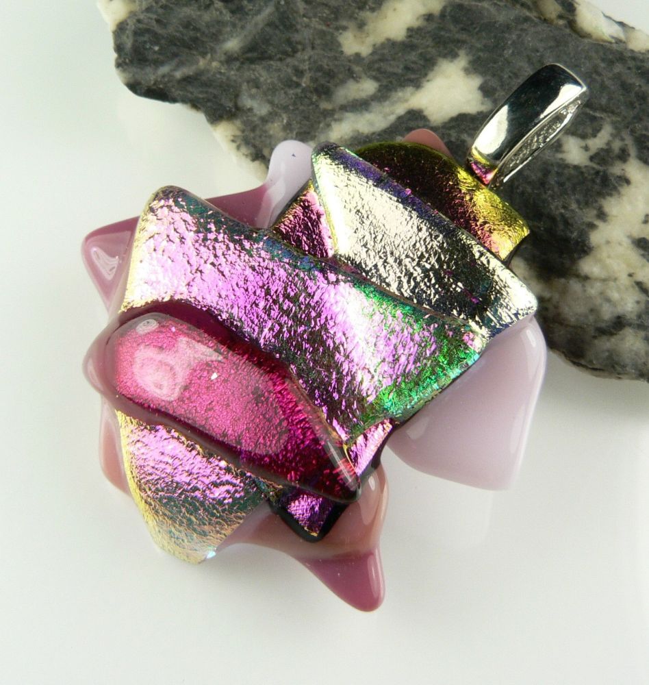 4.6cm pink textured Dichroic glass pendant, with leather cord & gift box