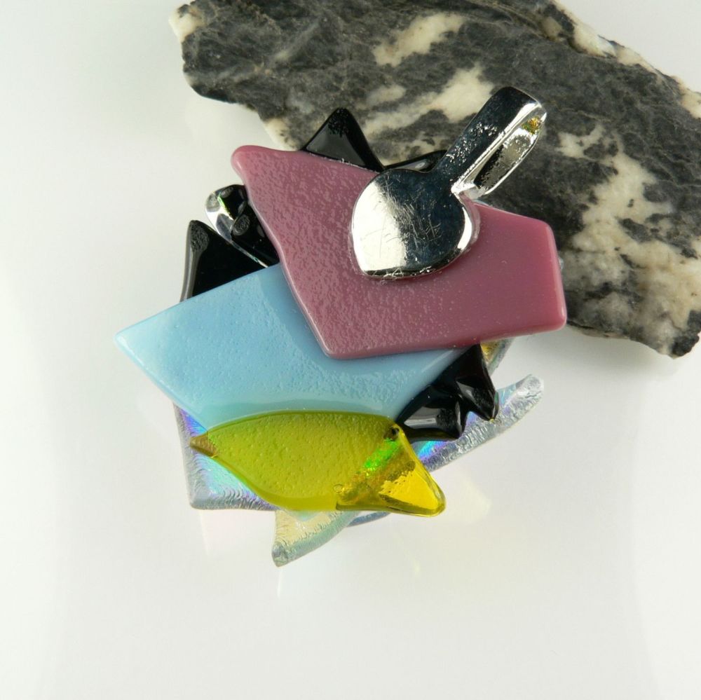 4.4cm textured, multi-coloured, genuine dichroic glass pendant, with leather cord & gift box (#30368)