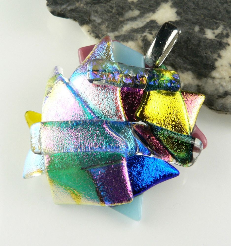 4.4cm textured, multi-coloured, genuine dichroic glass pendant, with leather cord & gift box (#30368)