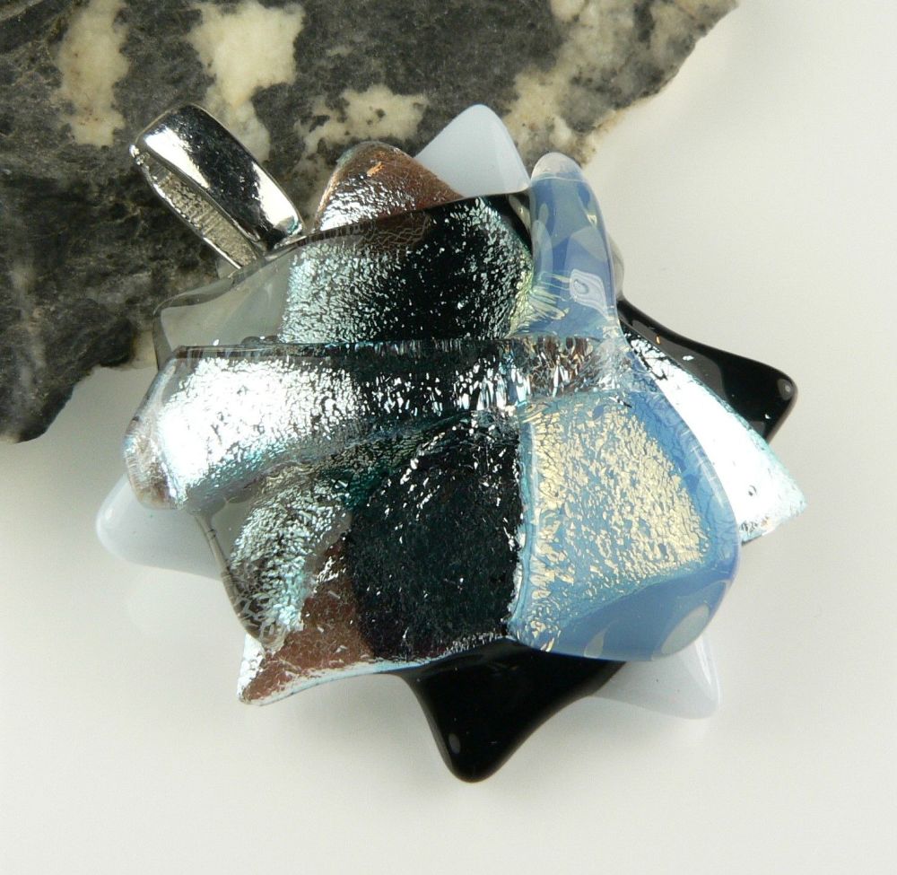 4.2cm monochrome textured genuine dichroic glass pendant, with leather cord & gift box (#30367)