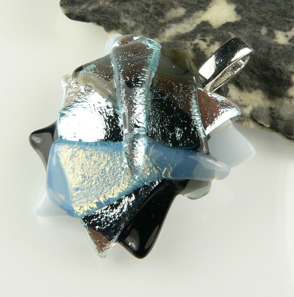 4.2cm monochrome textured genuine dichroic glass pendant, with leather cord & gift box (#30367)