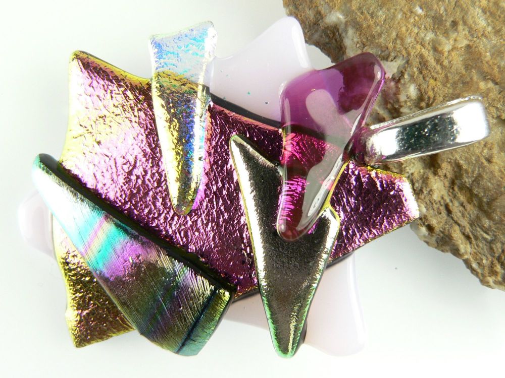 4.4cm textured, multi-coloured, genuine dichroic glass pendant, with leather cord & gift box (#20288)