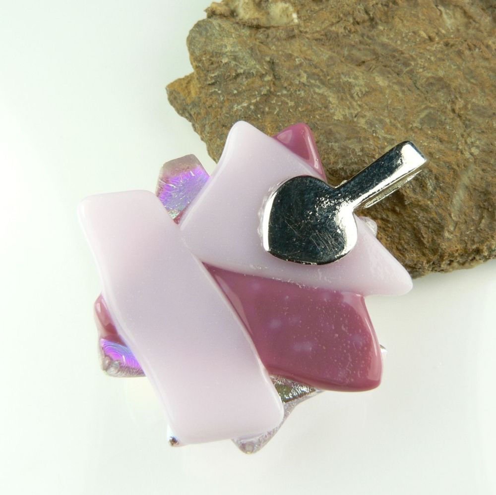 4.1cm shades of pink textured Dichroic glass pendant, with leather cord & gift box (#30132)