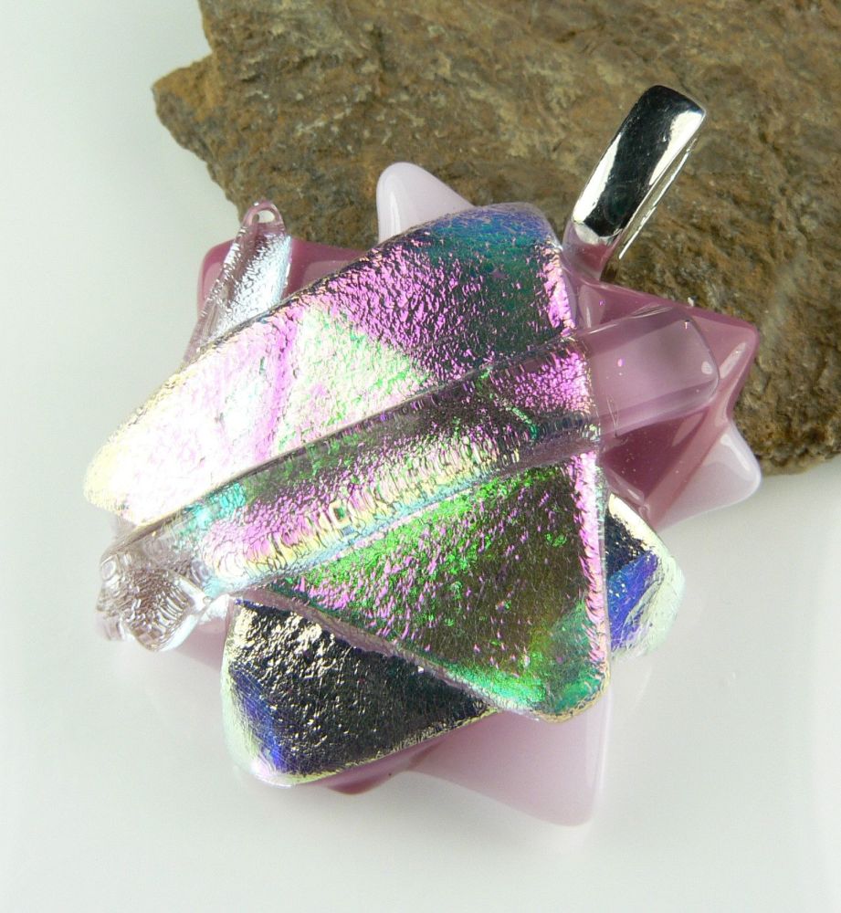 4.1cm shades of pink textured Dichroic glass pendant, with leather cord