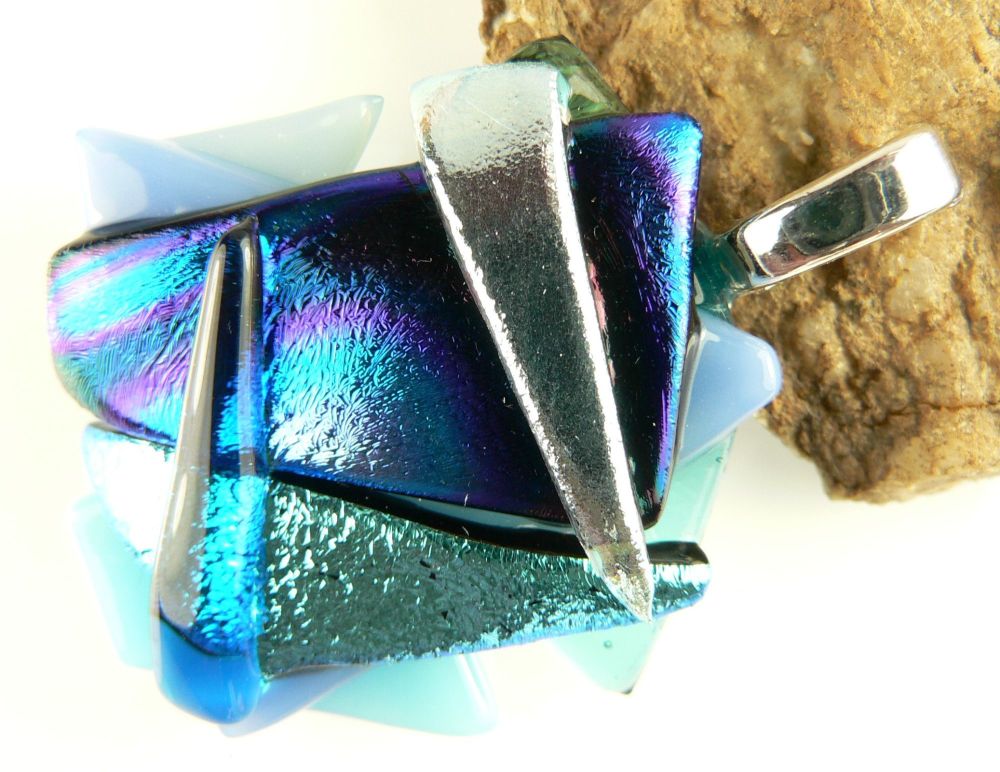 4.6cm shades of blue textured Dichroic glass pendant, with leather cord