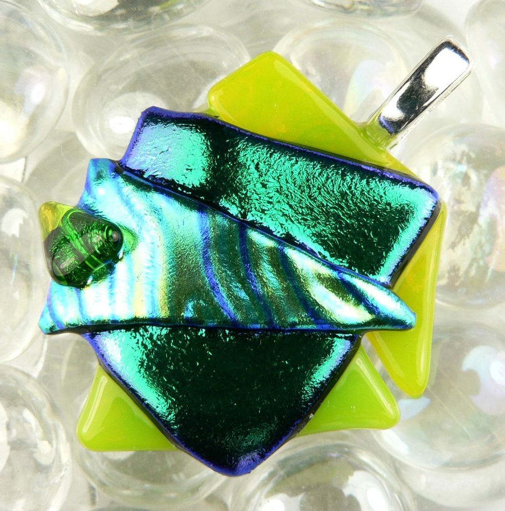 4.7cm shades of green textured Dichroic glass pendant, with leather cord