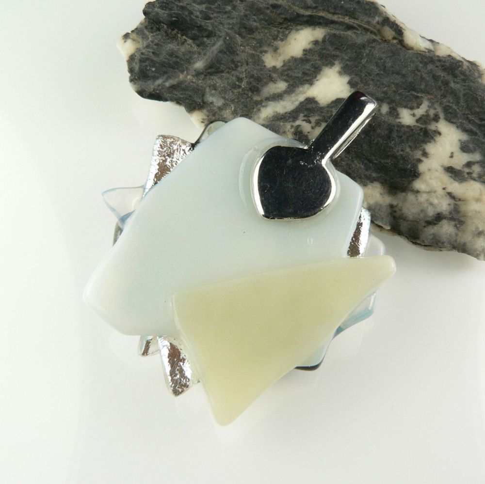 4.3cm monochrome textured genuine dichroic glass pendant, with leather cord & gift box (#30445)