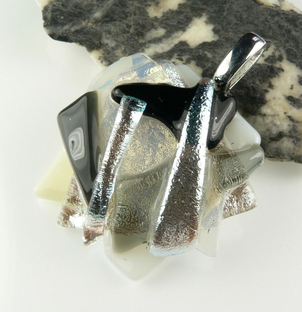 4.3cm monochrome textured genuine dichroic glass pendant, with leather cord & gift box (#30445)