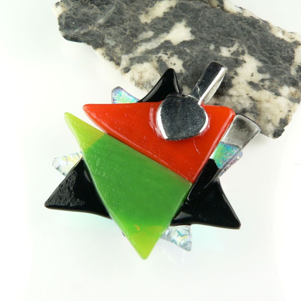 4.5cm textured, multi-coloured, genuine dichroic glass pendant, with leather cord & gift box (#30466)