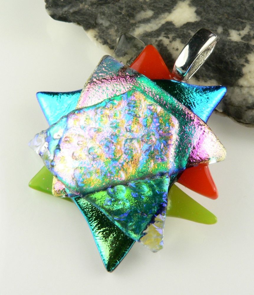 4.5cm textured, multi-coloured, genuine dichroic glass pendant