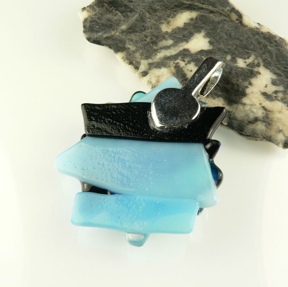 4.5cm shades of blue textured Dichroic glass pendant, with leather cord & gift box (#30100)