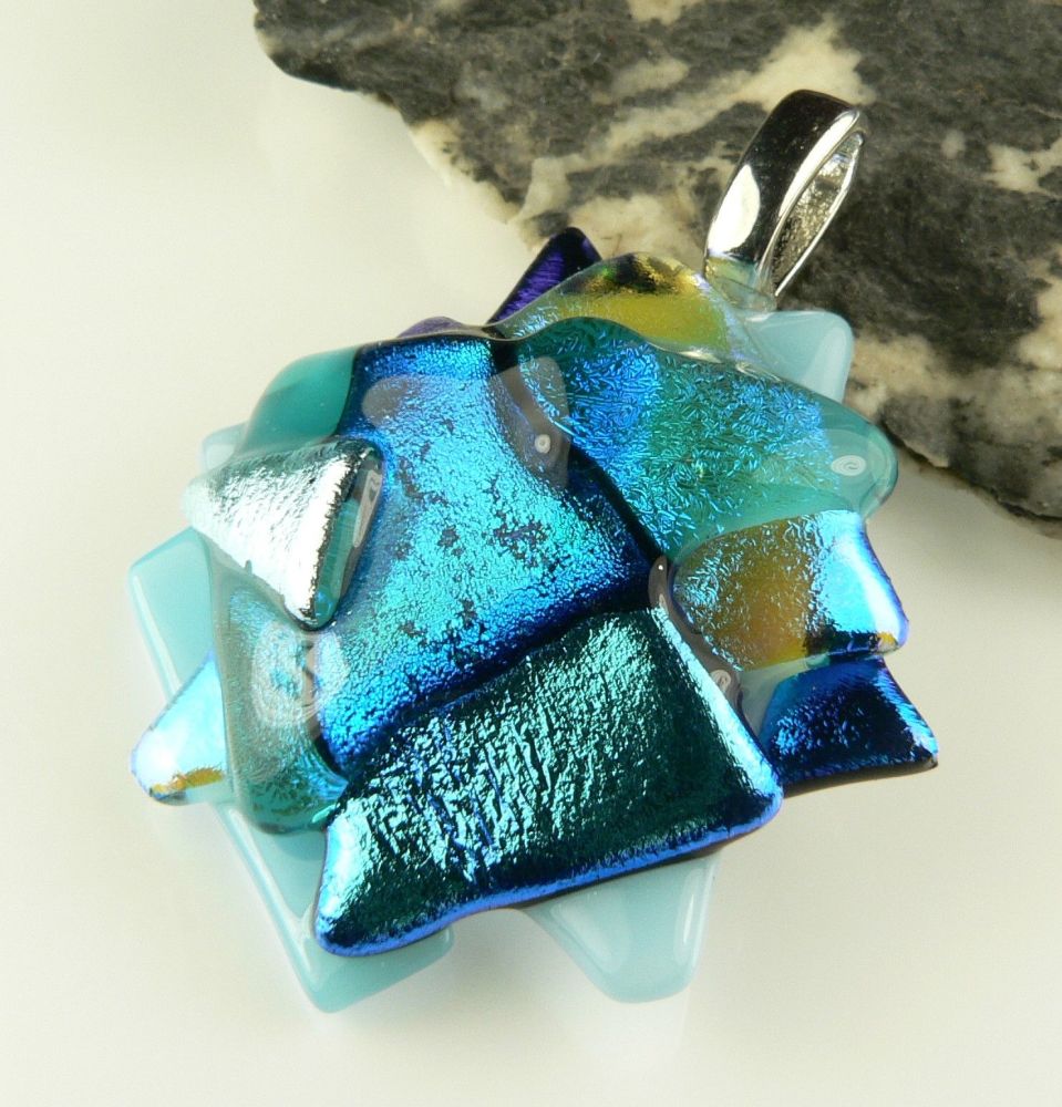 4.5cm shades of blue textured Dichroic glass pendant, with leather cord