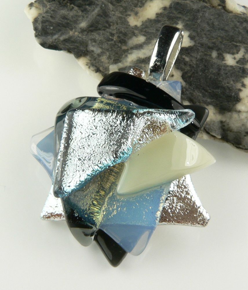 4.3cm monochrome textured genuine dichroic glass pendant, with leather cord & gift box (#30379)