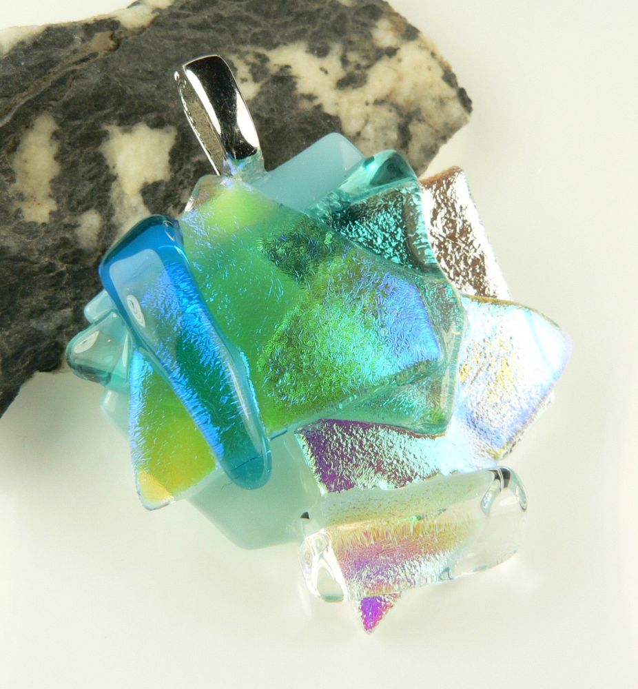 4.6cm textured, multi-coloured, genuine dichroic glass pendant, with leather cord & gift box (#30388)