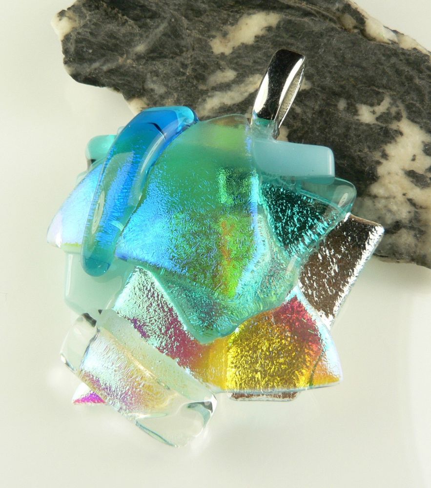 4.6cm textured, multi-coloured, genuine dichroic glass pendant, with leather cord & gift box (#30388)