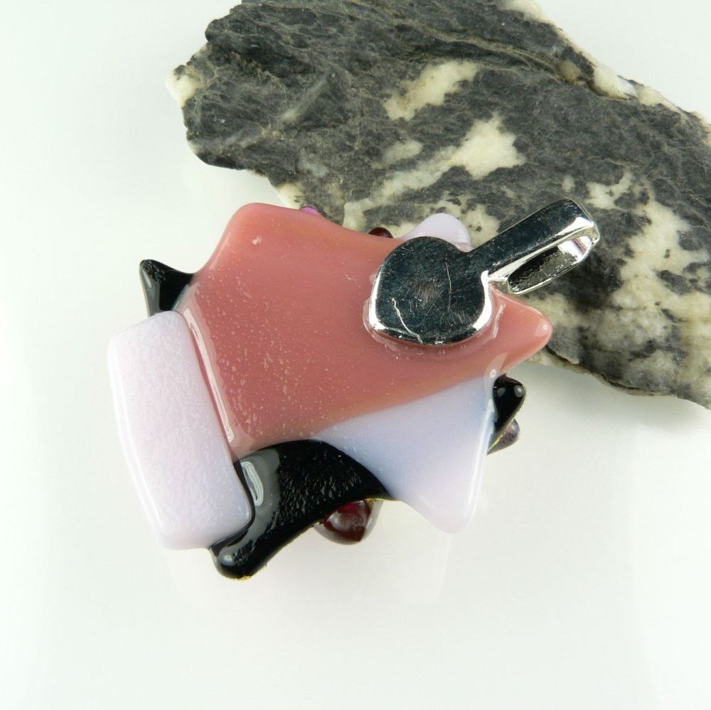 4.3cm shades of pink textured Dichroic glass pendant, with leather cord & gift box (#30542)