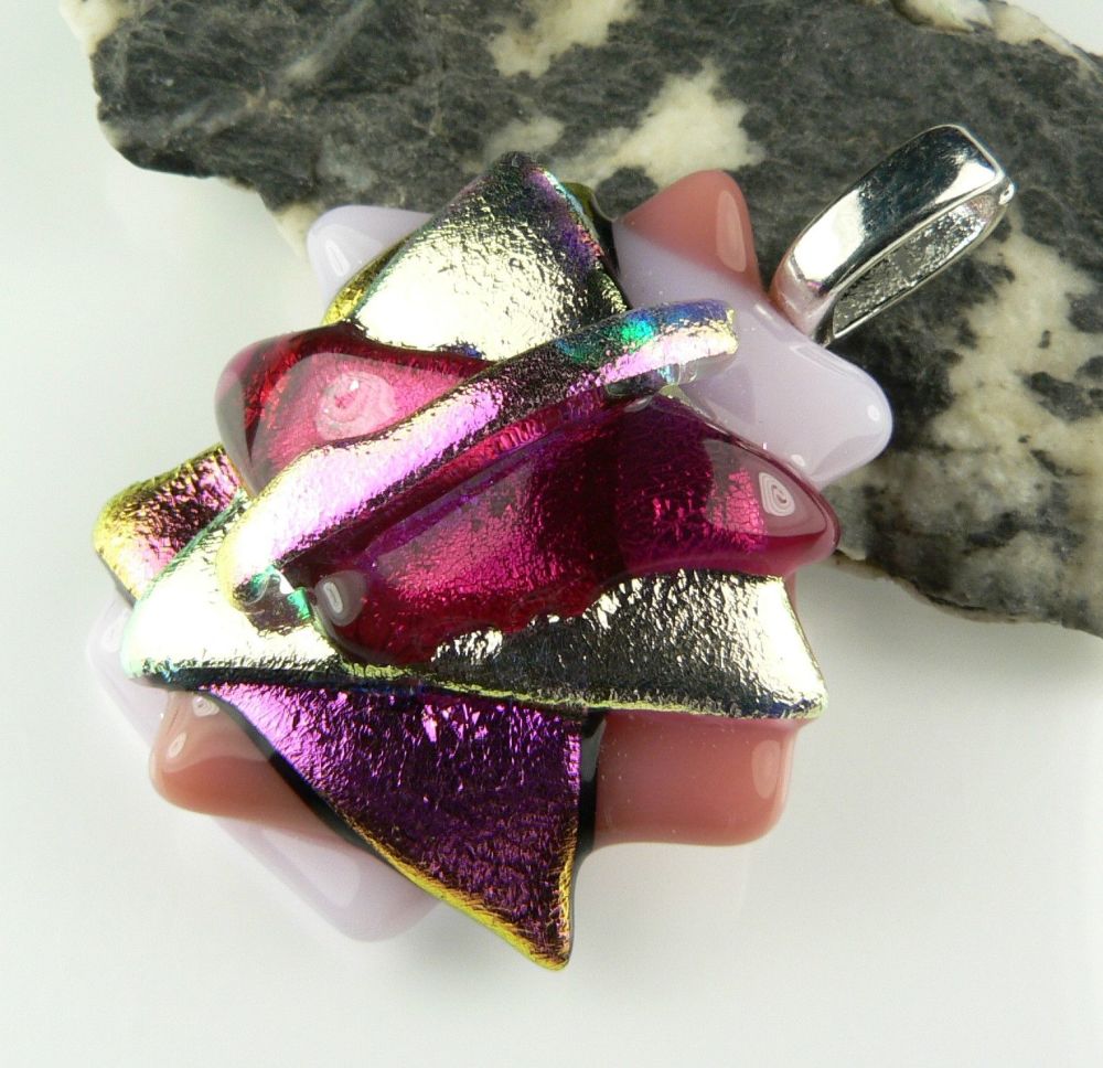 4.3cm shades of pink textured Dichroic glass pendant, with leather cord