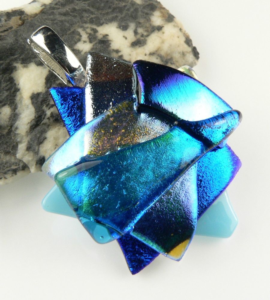 4.6cm shades of blue textured Dichroic glass pendant, with leather cord & gift box (#30400)